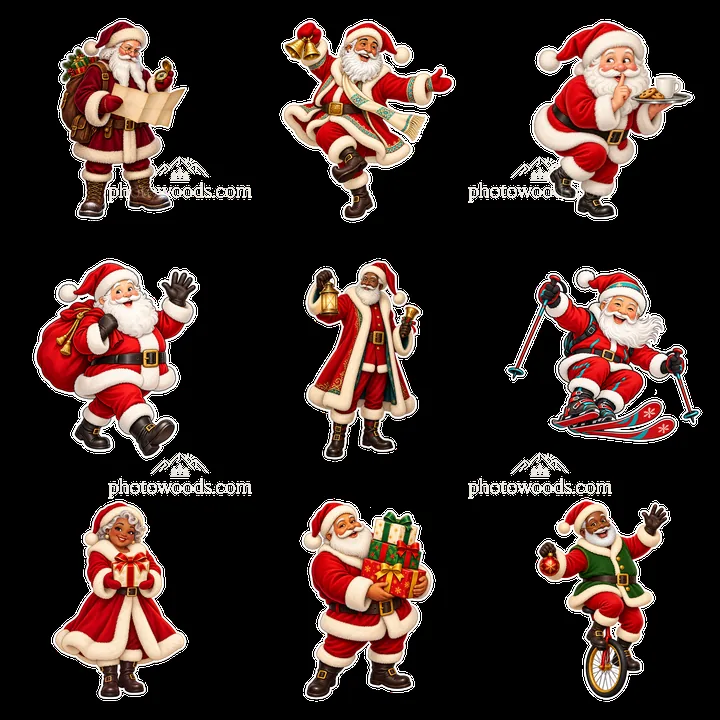 Santa Claus in different playful poses with festive accessories - AI-generated stock image