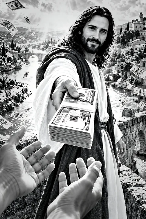 Handing out money across the river - AI-generated stock image