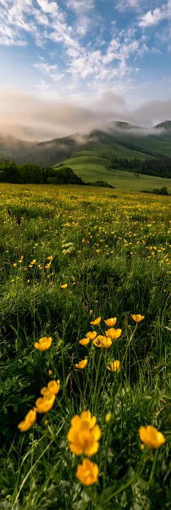 Slovak meadow in Carpathian valley with yellow flowers - AI-generated stock image