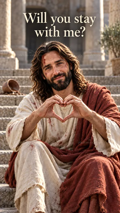 Jesus Christ inviting the viewer with a heart gesture - AI-generated stock image