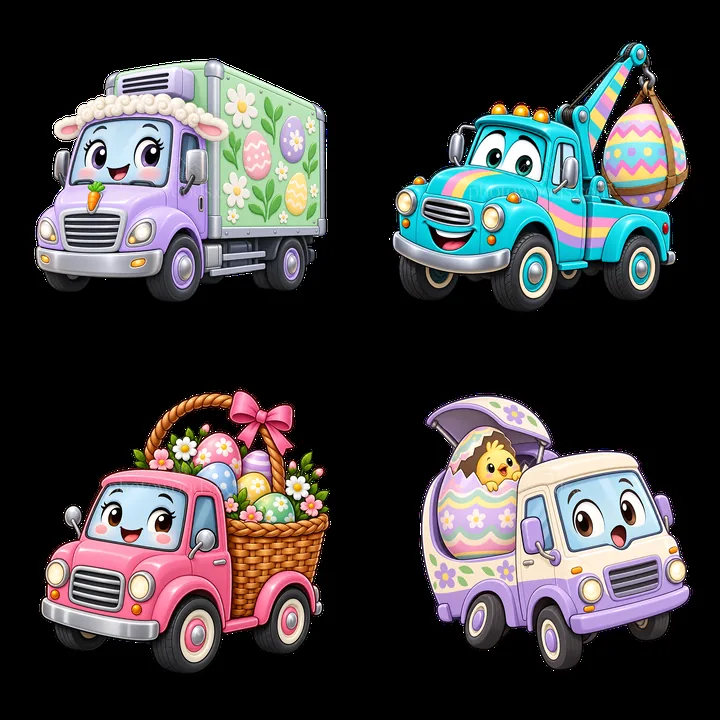 Easter trucks with decorations and cute characters in cartoon style - AI-generated stock image