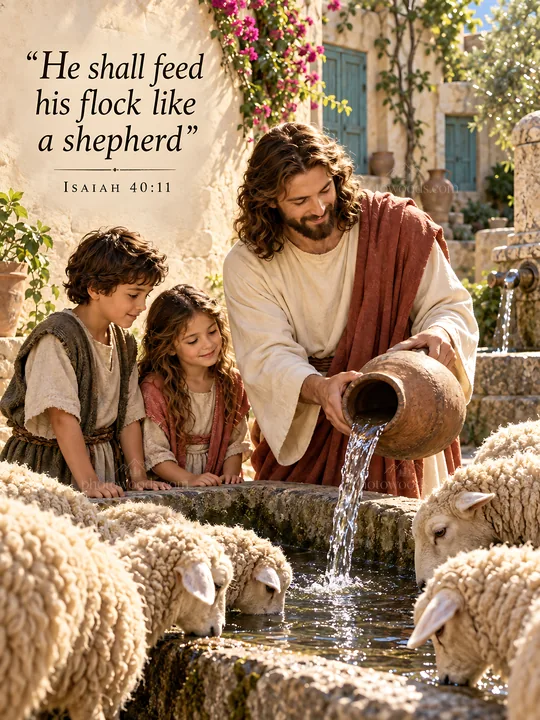 Jesus Christ feeding his flock by the water - AI-generated stock image