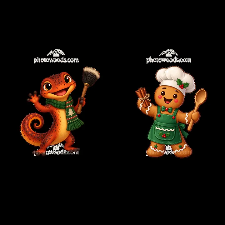 Holiday gecko with broom and gingerbread chef holding spoon - AI-generated stock image