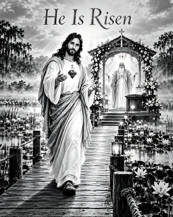 He is risen in the Lily Marsh - AI-generated stock image