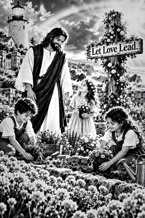 Steadfast love at the lighthouse with children and flowers - AI-generated stock image