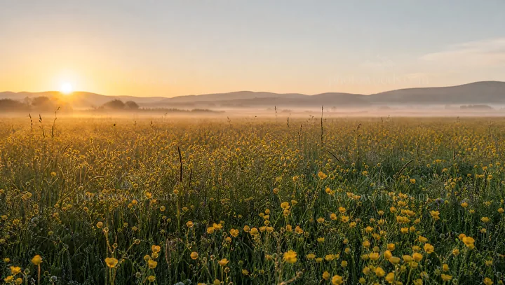 Rewilded meadow at sunrise with mist and flowers - AI-generated stock image