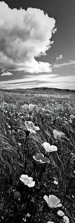 Regenerative meadow with flowers under a cloudy sky - AI-generated stock image