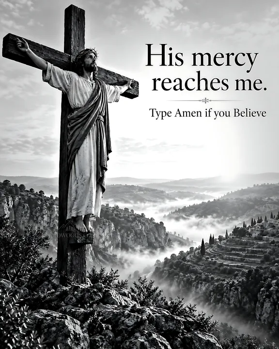 Mercy above the valley with a cross and figure - AI-generated stock image