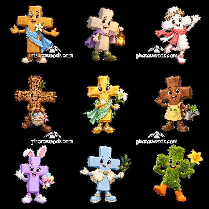 Colorful cartoon crosses celebrating Easter in a joyful layout - AI-generated stock image