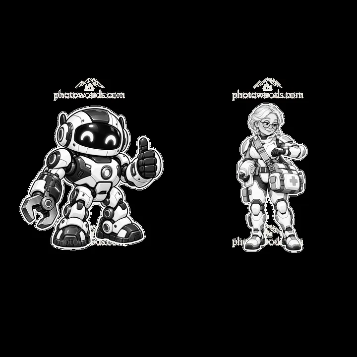Futuristic kawaii super-soldiers with robot and medic character - AI-generated stock image