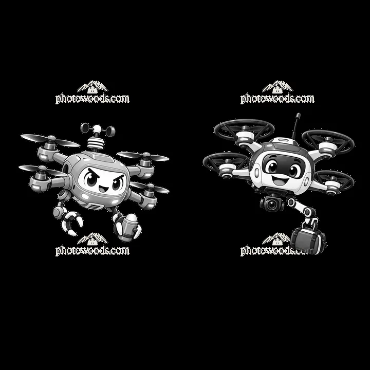 Cartoon drones with distinct expressions and accessories - AI-generated stock image