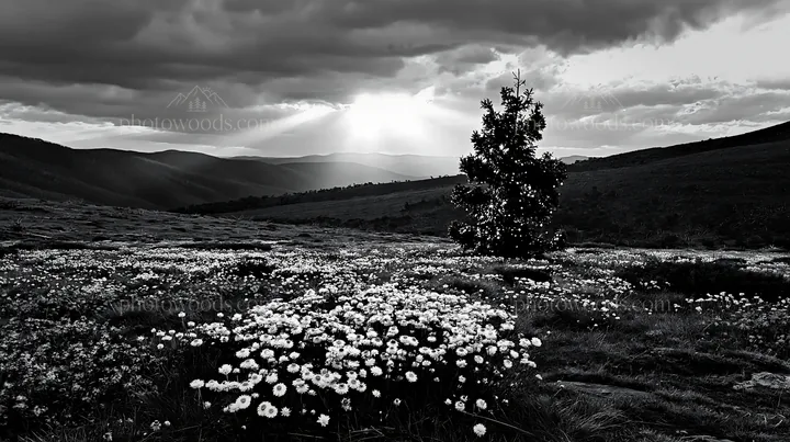 Christmas tree in meadow under bright sky - AI-generated stock image