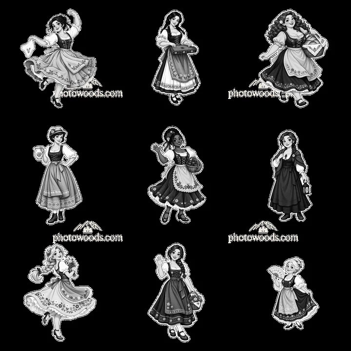 Women in traditional folk dresses in a 3x3 arrangement - AI-generated stock image