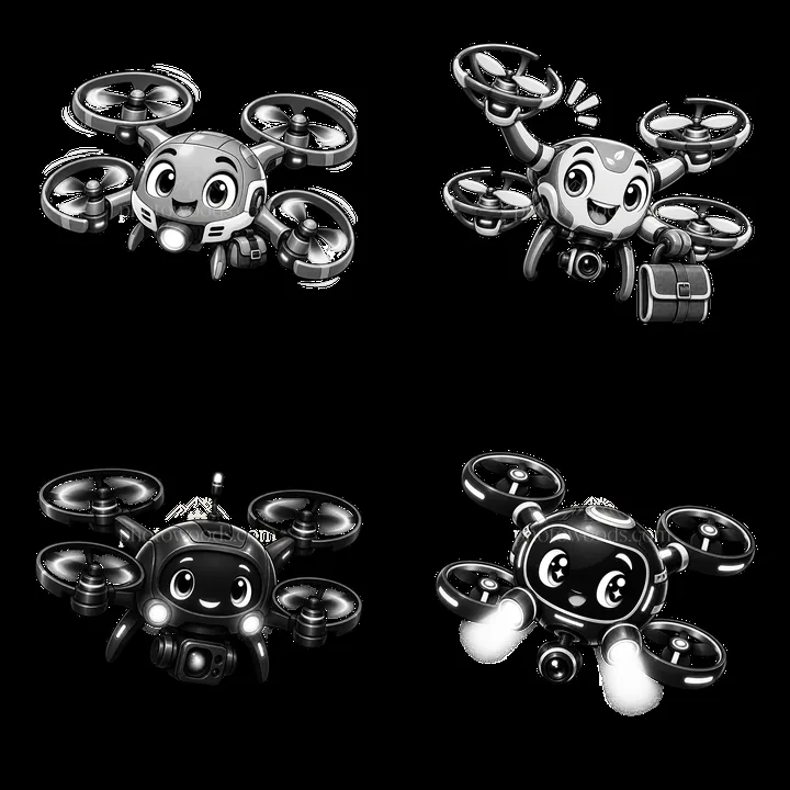 Cartoon drones with faces and accessories in a 2x2 layout - AI-generated stock image