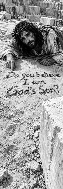 Jesus Christ writing a message in the sand - AI-generated stock image