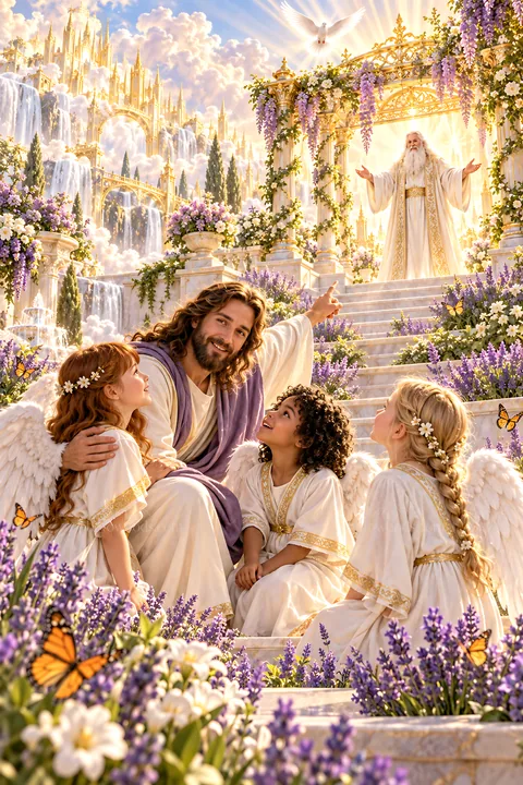 Jesus Christ teaches children in a beautiful garden setting - AI-generated stock image