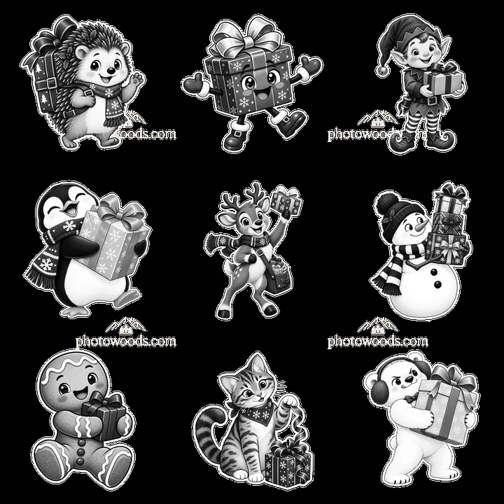 Cartoon animals celebrating Christmas by holding presents - AI-generated stock image
