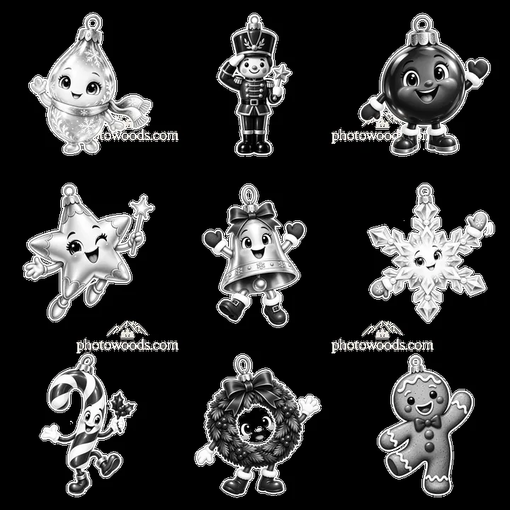 Cartoon Christmas ornaments in black and white arranged in a grid - AI-generated stock image