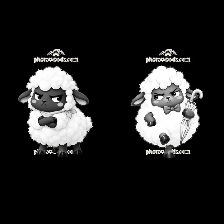 Kawaii grumpy sheep characters with distinct poses and features - AI-generated stock image