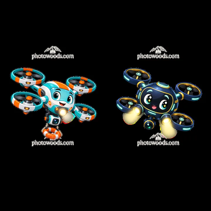 Colorful cartoon drones flying with smiling faces and glowing lights - AI-generated stock image