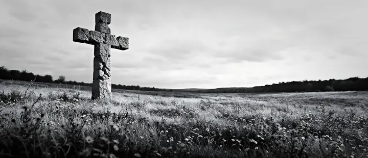 Aged Christian cross in autumn valley meadow - AI-generated stock image