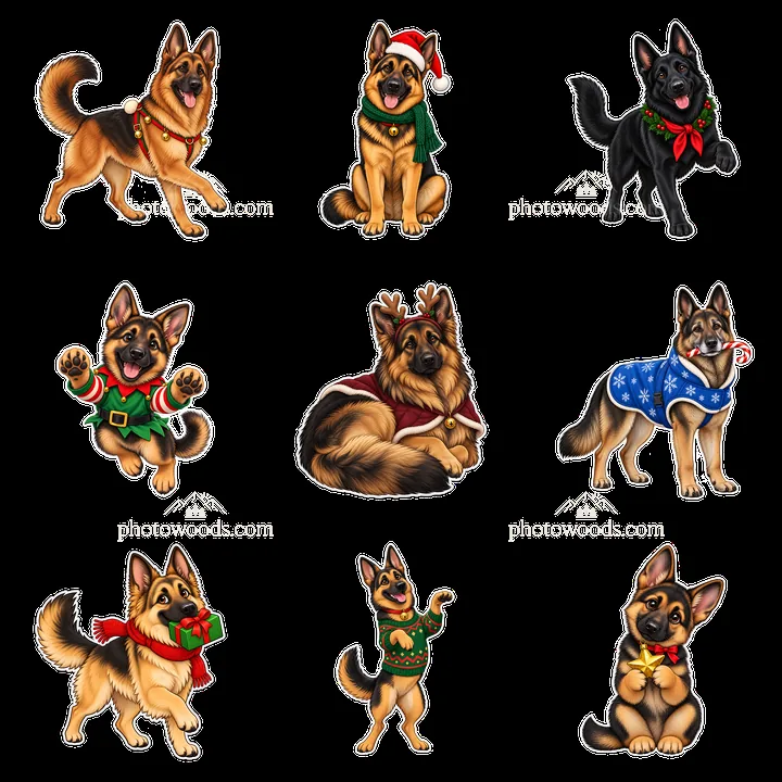 Christmas German Shepherd dogs in festive outfits in a grid - AI-generated stock image