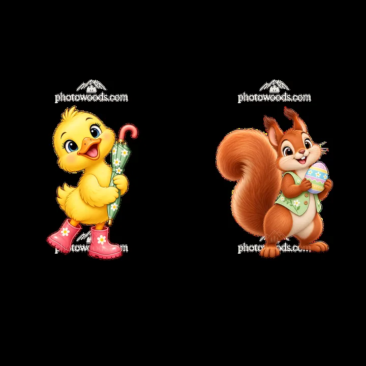 Cartoon chick with umbrella and squirrel holding Easter egg - AI-generated stock image