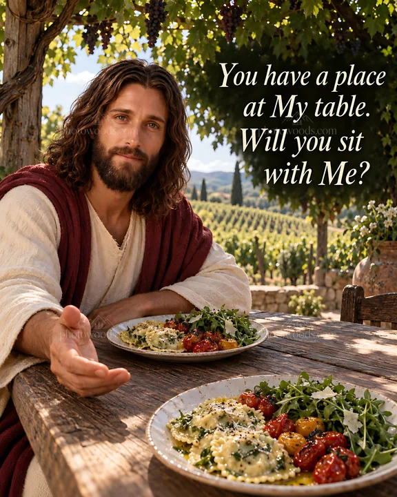 Vineyard Pergola with food and figure inviting to the table - AI-generated stock image