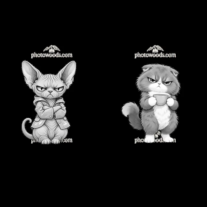 Kawaii grumpy cat stickers with arms crossed and holding cup - AI-generated stock image