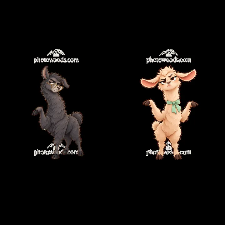 Two grumpy llamas with expressive poses and distinct colors - AI-generated stock image