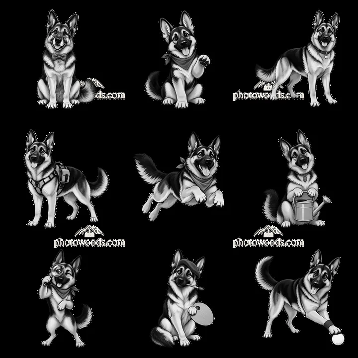 Nine cartoon stickers of German Shepherd dogs in playful poses - AI-generated stock image