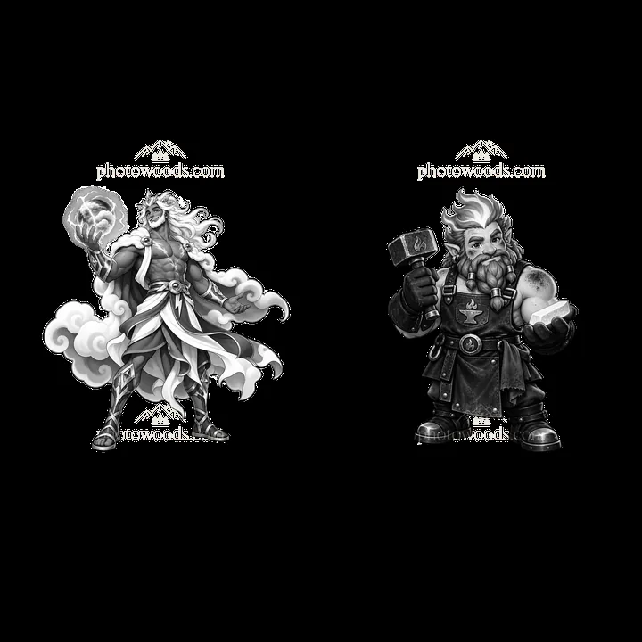 Pagan gods holding symbols of power in black and white illustration - AI-generated stock image