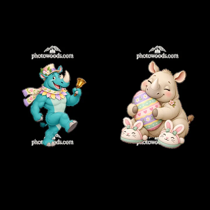 Easter rhinoceros characters celebrating with eggs and bell - AI-generated stock image