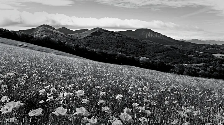 Poppy flax meadow on a hillside with mountains in the background - AI-generated stock image