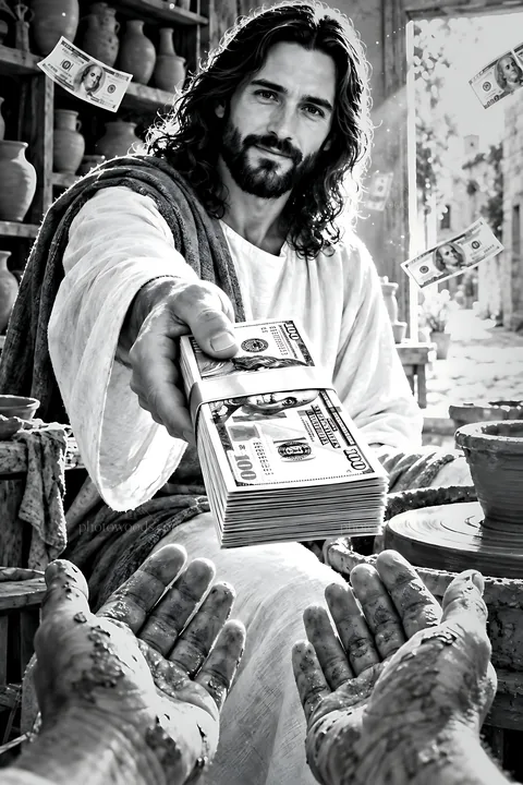 Man offers money at a pottery workshop - AI-generated stock image