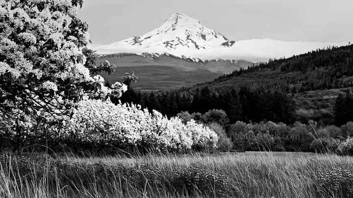 Spring orchard meadow with mountain background - AI-generated stock image