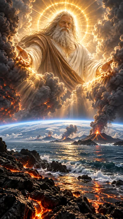 Jesus Christ embraces the world amidst chaos and creation - AI-generated stock image