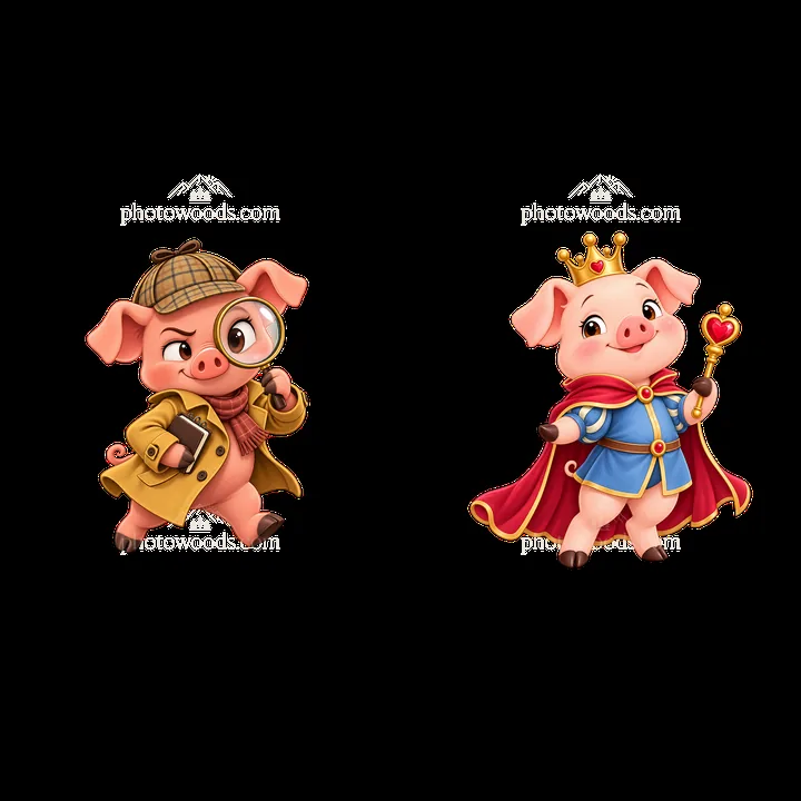 Detective pig and royal pig cartoon sticker set - AI-generated stock image