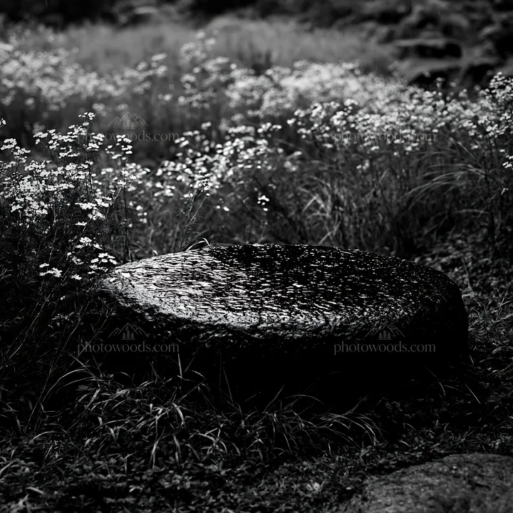Black and white hiroshima rainy meadow smooth rock foreground - AI-generated stock image