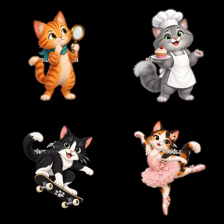 Four playful cartoon cats in various fun activities - AI-generated stock image
