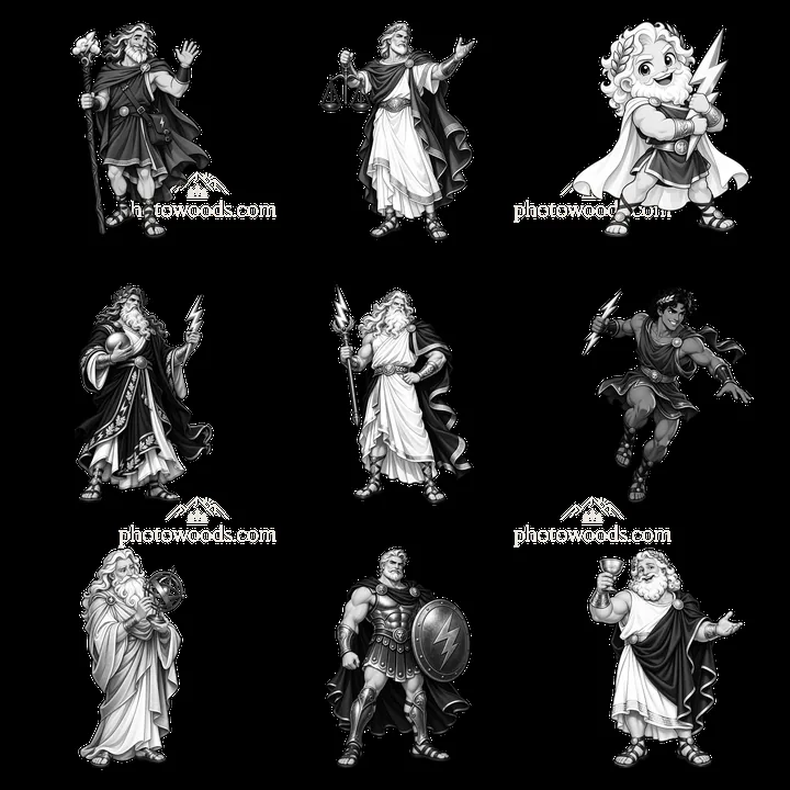 Zeus and Greek gods in monochrome cartoon stickers in grid layout - AI-generated stock image