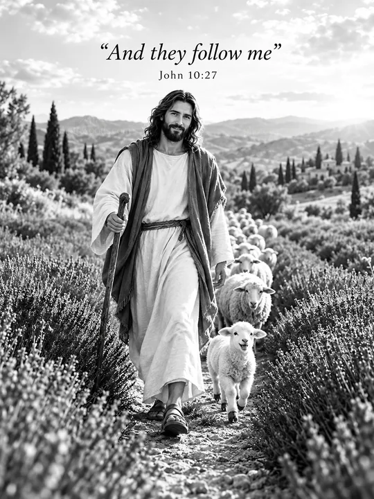 Jesus Christ walking with sheep along a path - AI-generated stock image