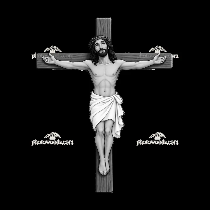 Jesus on the cross with wooden structure and crown of thorns - AI-generated stock image