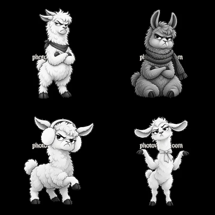 Grumpy llamas in fun poses with distinct features and accessories - AI-generated stock image