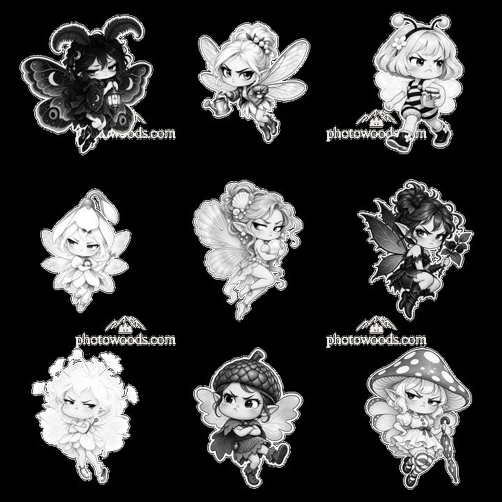 Kawaii grumpy fairies in a 3x3 grid illustration - AI-generated stock image