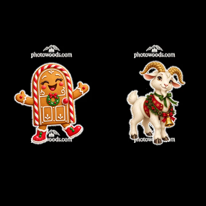 Gingerbread door and festive goat character for Christmas - AI-generated stock image