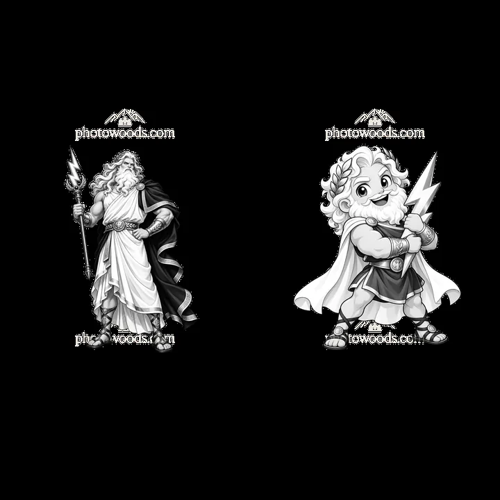 Zeus character stickers in black and white monochrome design - AI-generated stock image