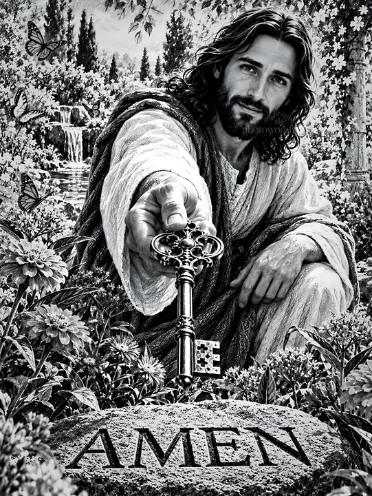 Key held by a figure in a garden with butterflies - AI-generated stock image