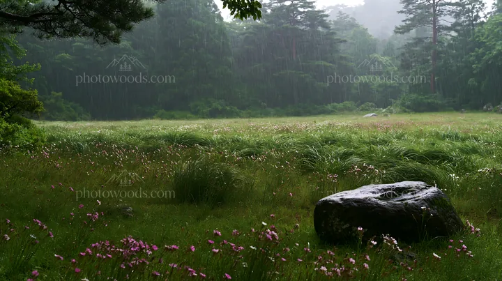 Hiroshima rainy meadow smooth rock foreground - AI-generated stock image