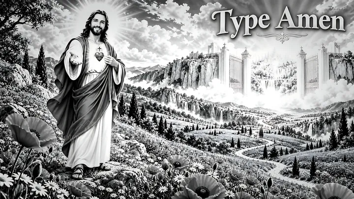 Jesus standing in a green valley with flowers and gates in background - AI-generated stock image